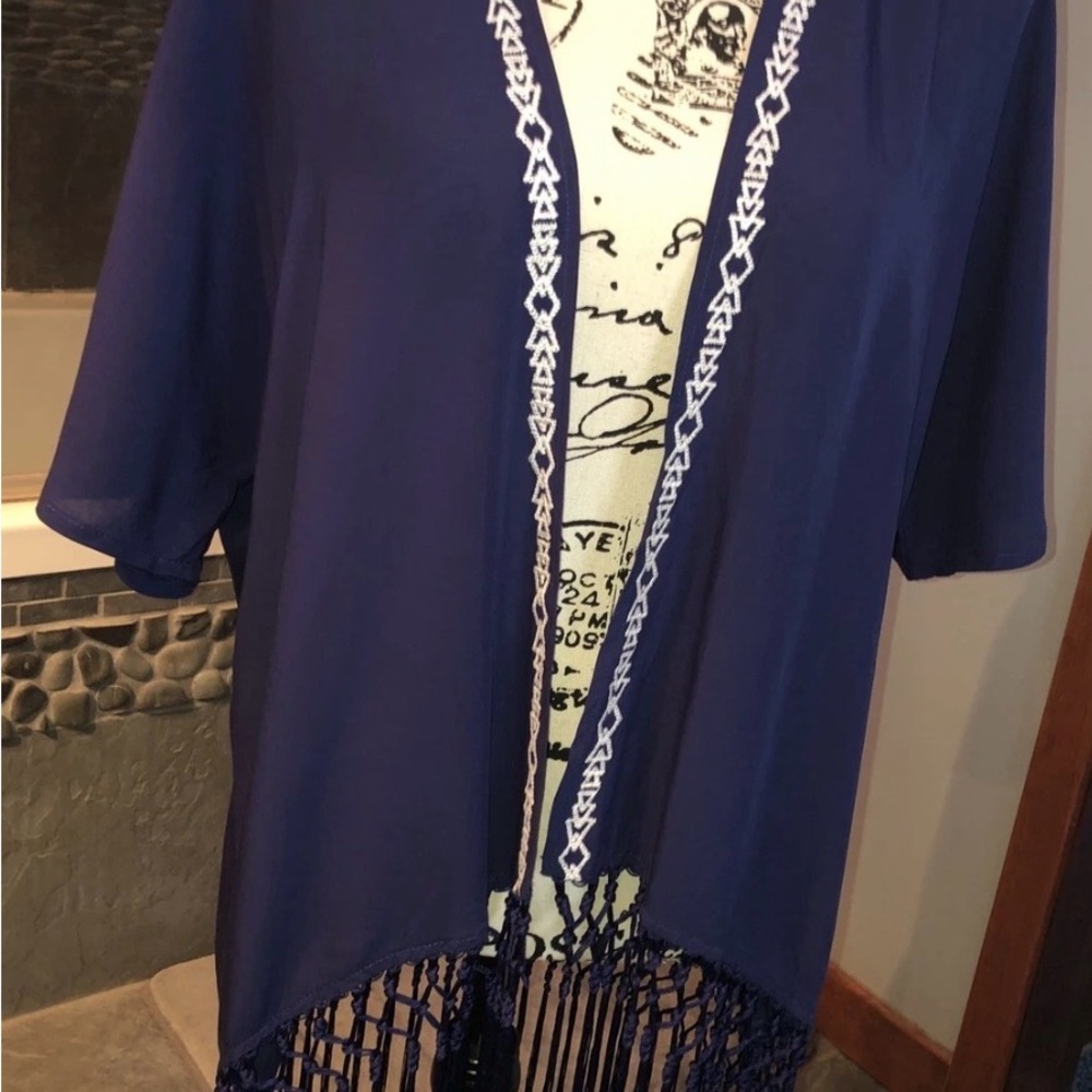 Love Tree Happens Navy Blue Short Sleeve Fringed Beach Coverup W/White Trim